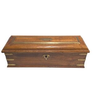 Vintage Walnut Keepsake Chest Campaign Box Brass Inlay Jewelry Box